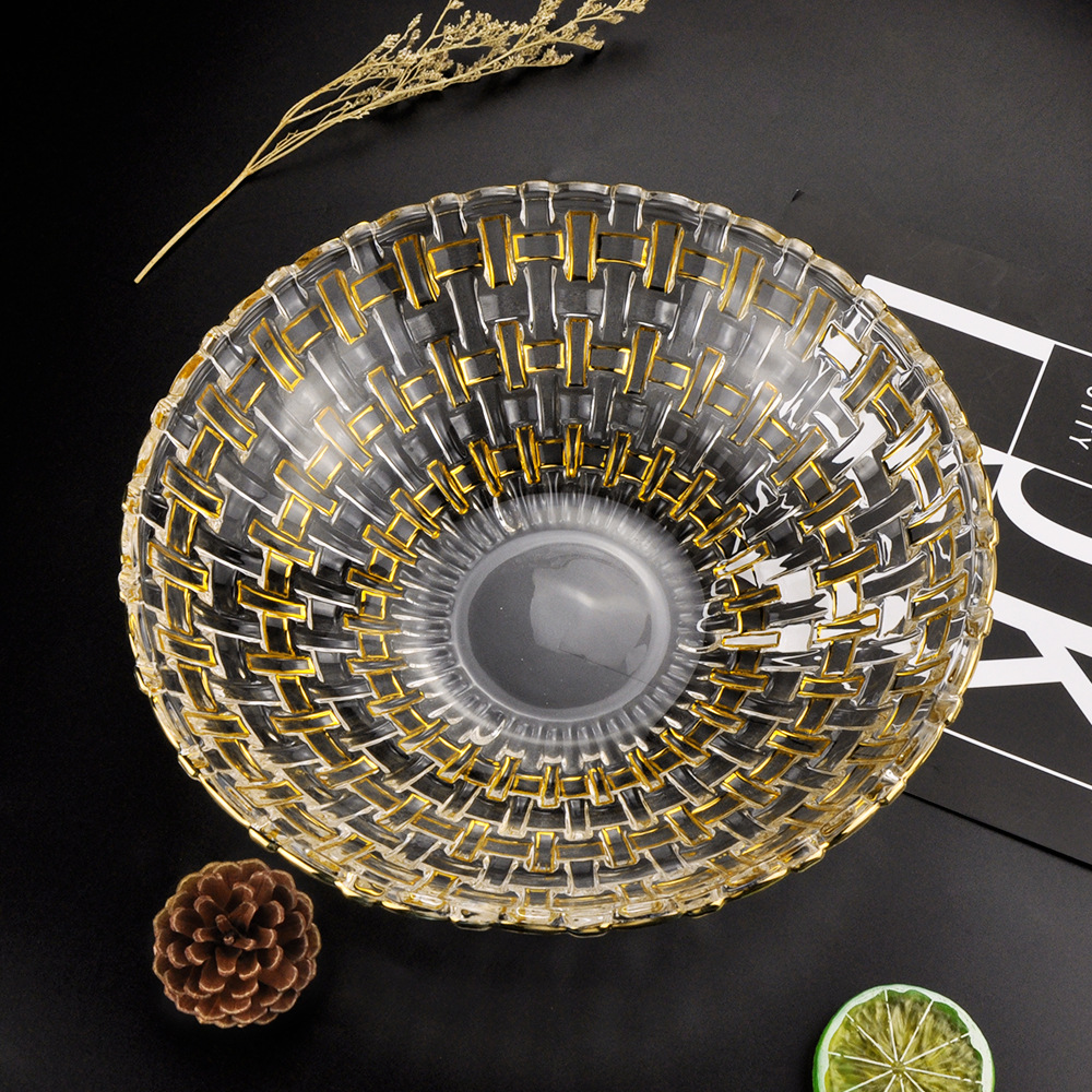 轻奢描金边果碗水晶玻璃果斗结婚果盘平盘带盖复古储物罐家居摆件