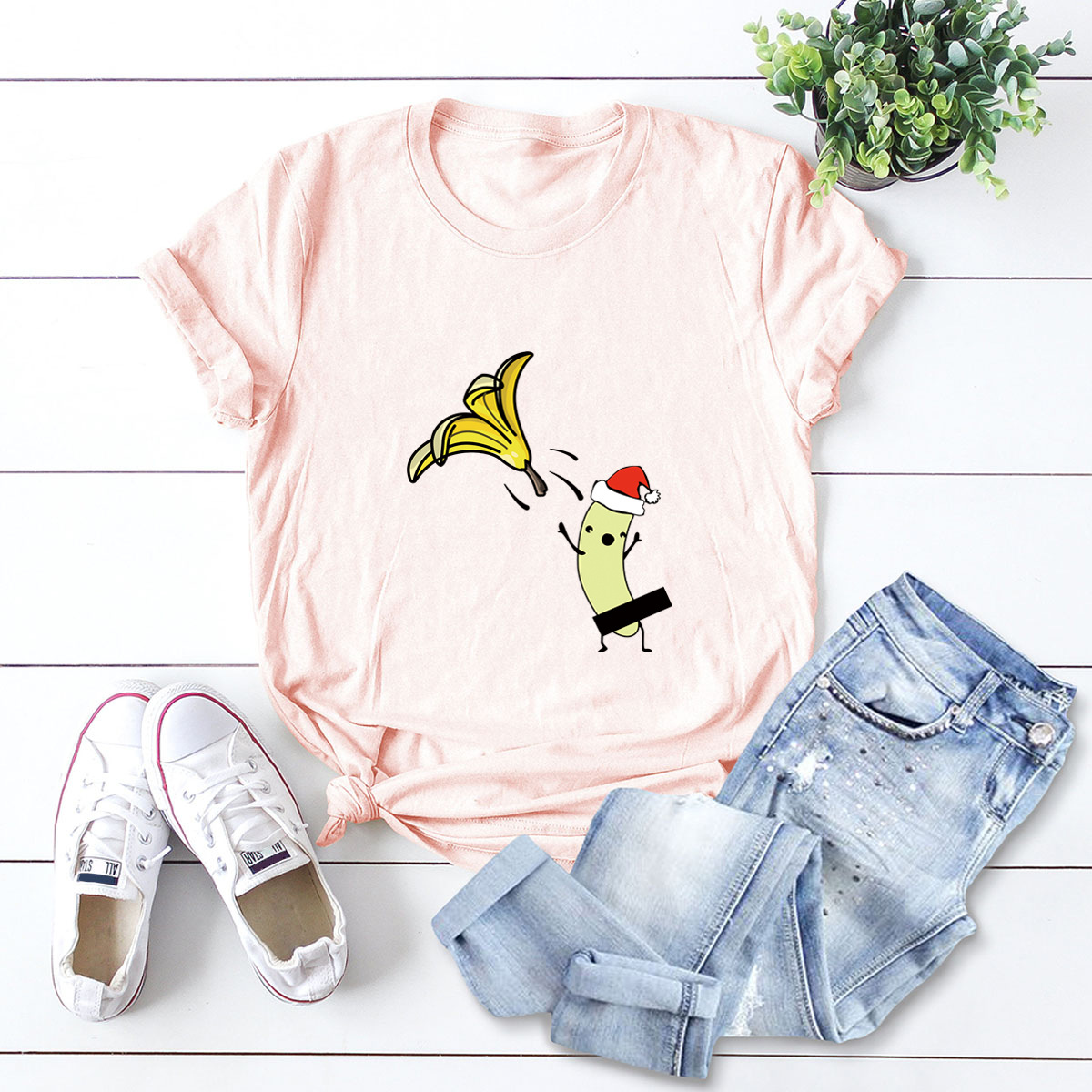 short-sleeved t-shirt women s top Merry Christmas funny banana NSSN4172