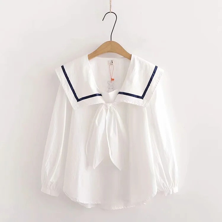 Japanese Mori women's autumn clothing design French style short top Navy style long sleeve lapel white shirt