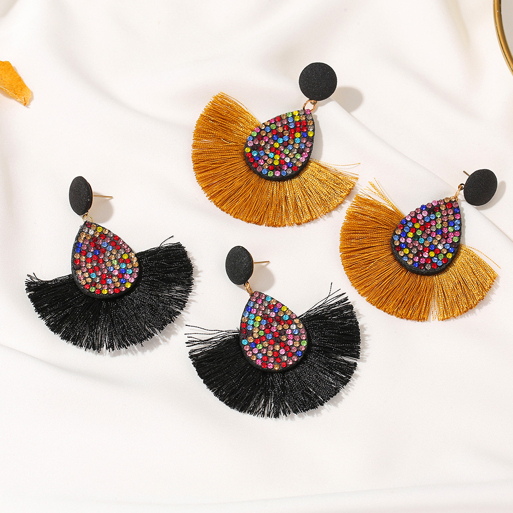 New Retro Exaggerated Colored Diamond Bohemian Creative Fan-shaped Tassel Earrings Wholesale display picture 4
