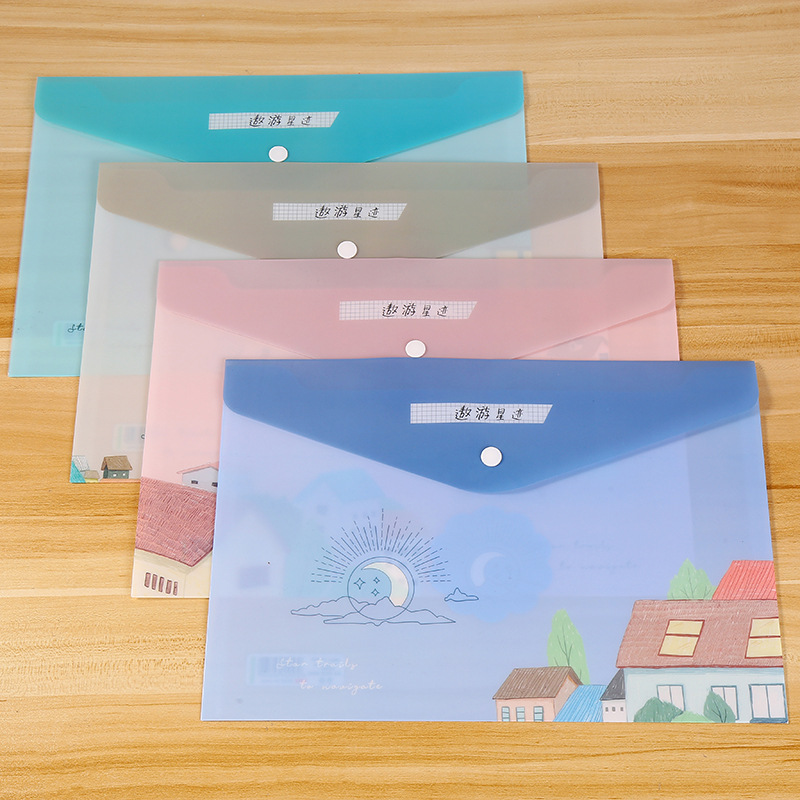 学生用装试卷收纳袋A4透明卡通可爱按扣防水资料袋多色可选文件袋