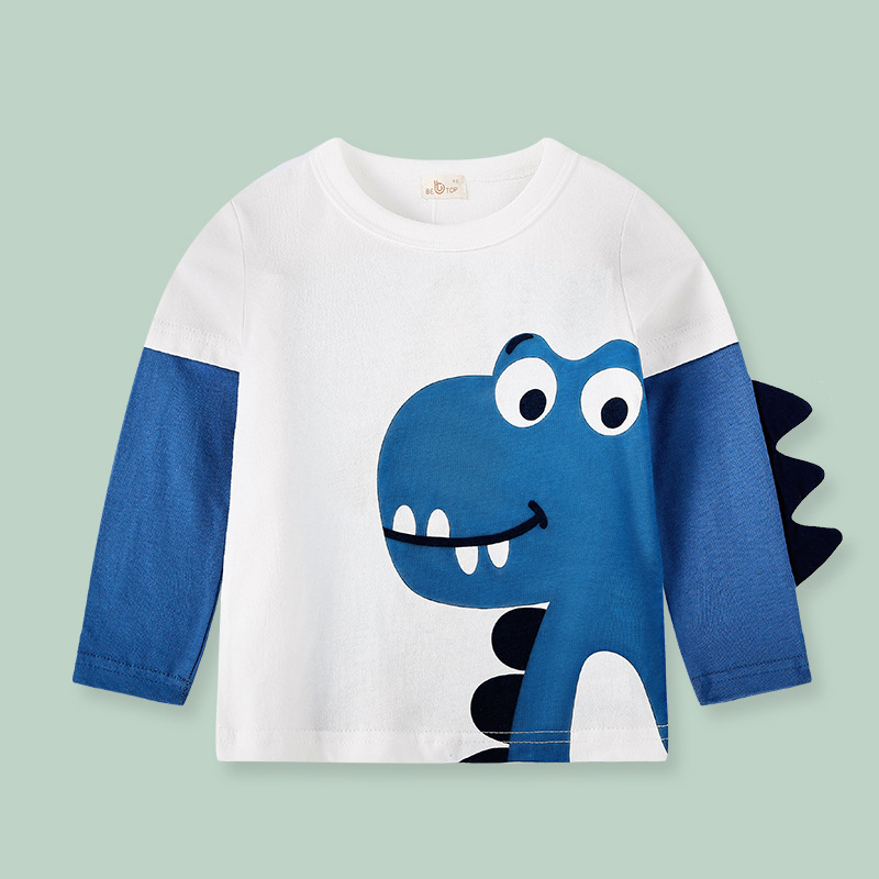 Serás las mejores ventas directas de fábrica de ropa para niños Nueva camisa de fondo para niños dinosaurio tridimensional de manga larga Camiseta entrega de una sola pieza