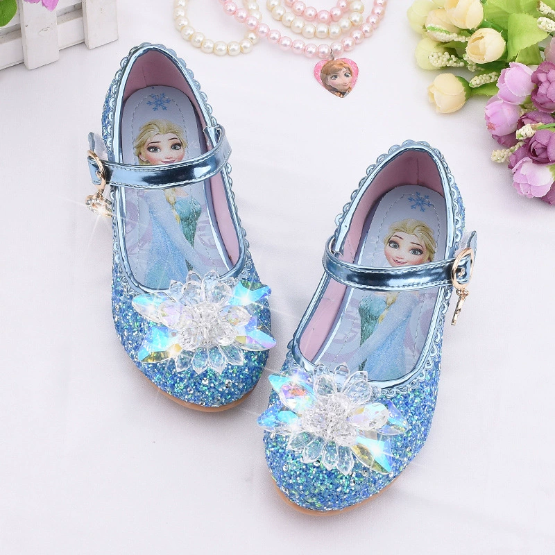 Туфли на высоком каблуке для девочек 2023 обувь принцессы Эльзы для маленьких девочек Детская кожаная обувь Туфли с замороженными кристаллами модельные туфли