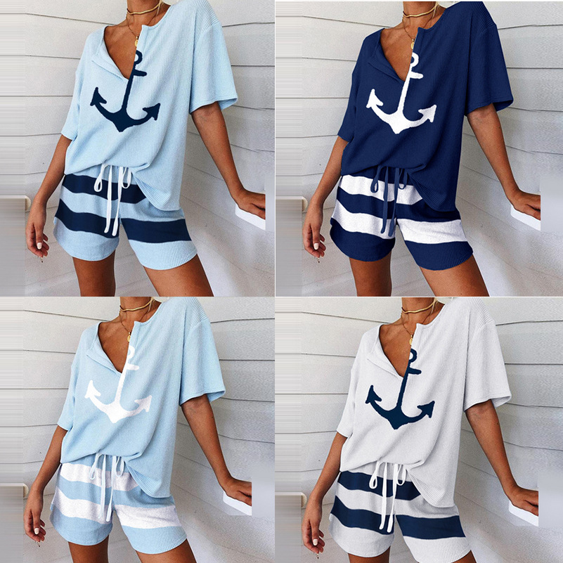 V-Neck Ship Anchor Pattern Printed Short-Sleeved Shirt Wide-Leg Pants Shorts Loose & Thin Suit NSYF2177