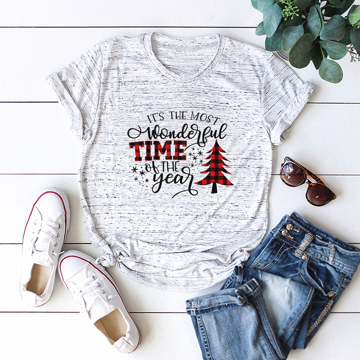 hot women s tops Christmas print cotton short-sleeved t-shirt  NSSN4175