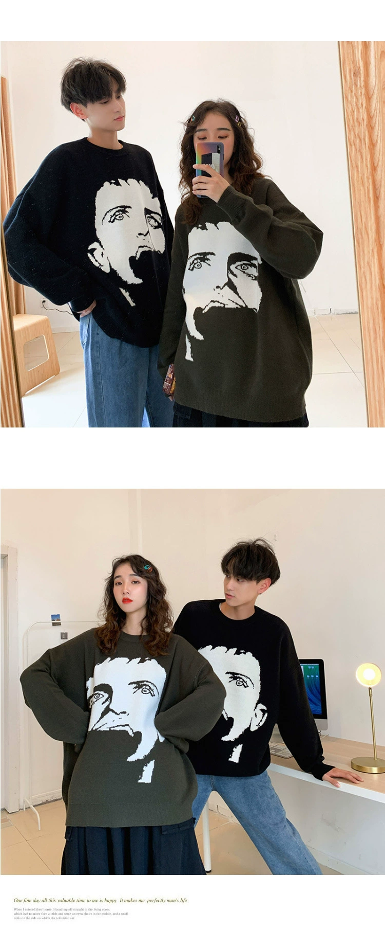 mens sweaters on sale Character Jacquard Sweater Men Autumn Winter Hip Hop Ripped Knitted Pullover Gothic Retro Oversize Knitwear Couples Streetwear commando sweater