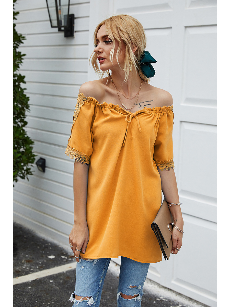 solid color lace one-shoulder hooded casual short-sleeved T-shirt NSAL2880