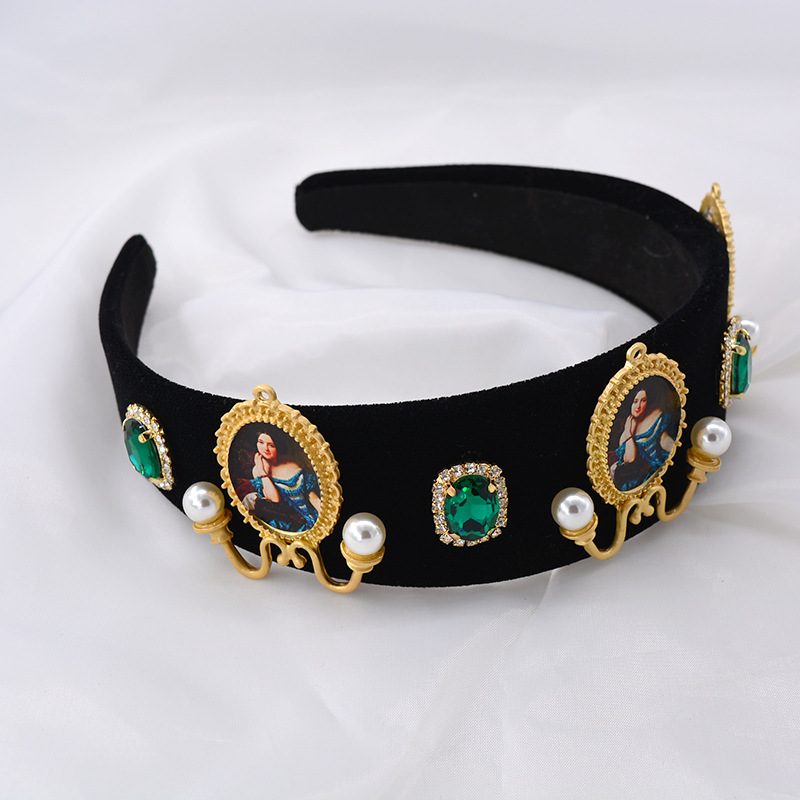 Plaid, Crown Pattern Headband For Women Simple Korean Elegant Imitation Pearl Hair Hole Baroque Retro Photo Frame Oil Painting Non-slip Headband