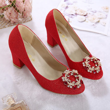 2A61-3时尚夏季新款女式单鞋圆头大红色高跟鞋婚庆粗跟伴娘鞋婚鞋