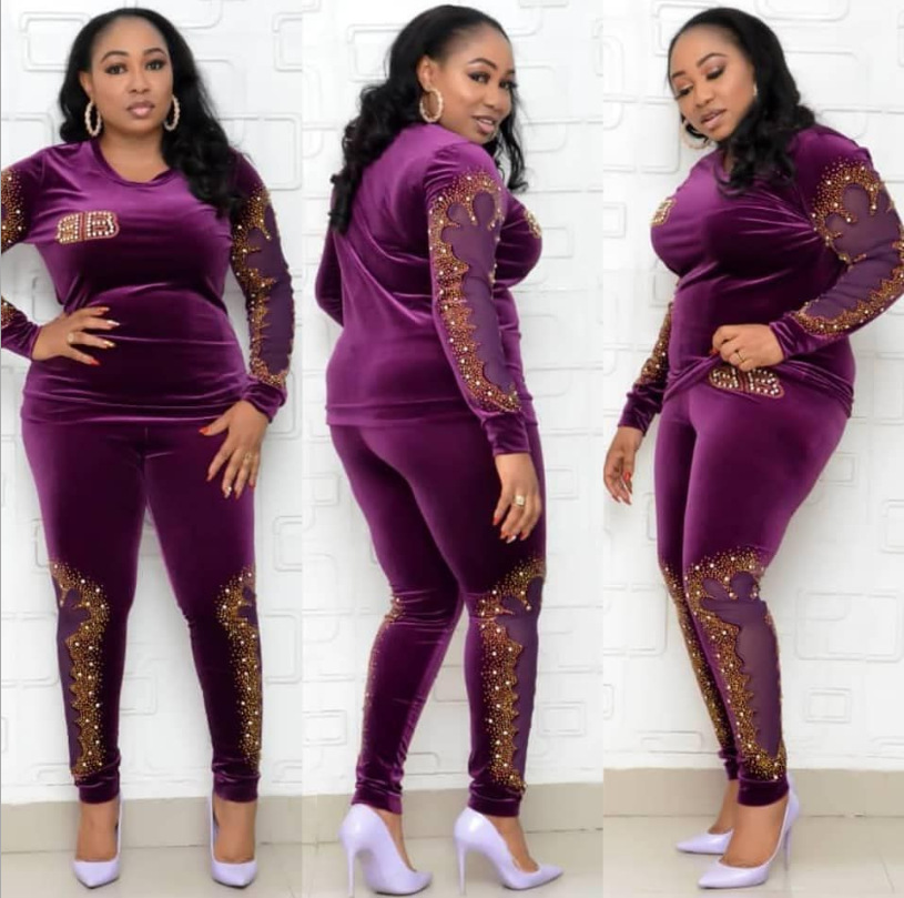 African Women'S Fashion Elastic Velvet Embroidery Hot Drill Plus Size Two Piece Set