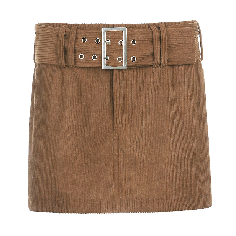 Retro High-Waist Corduroy Short Skirt With Belt NSSSN75585