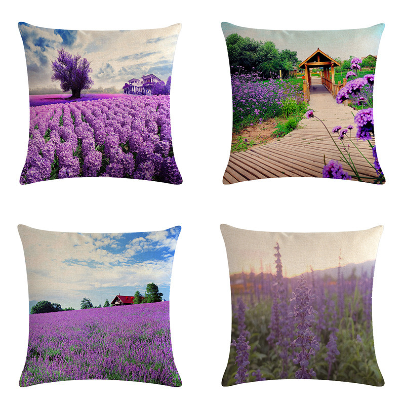 Purple Landscape Linen Ins Style Living Room Pillow Cushion Cover Factory Direct Sales Pictures Can Be Customized 697