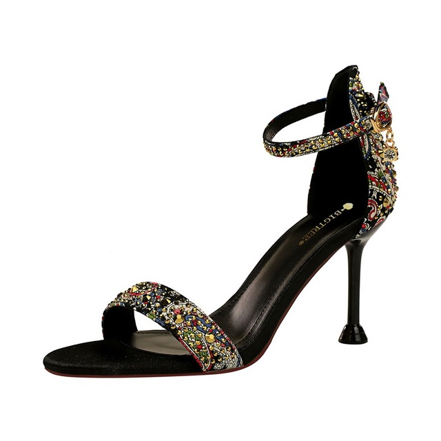 Retro summer Stiletto High Heel open toe sandals with Rhinestone