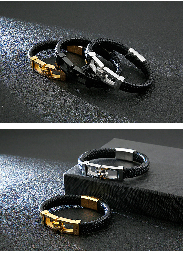 1 Piece Fashion Solid Color Cowhide Titanium Steel Inlaid Gold Menu0027S Bangle