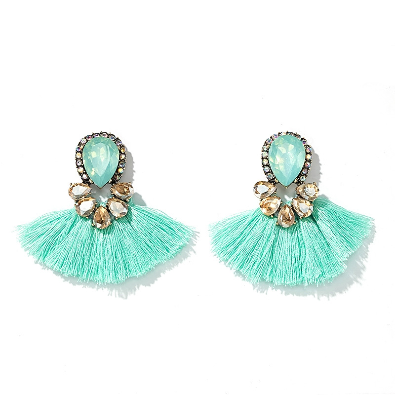 New Earrings Colorful Rhinestone Gems Wild Bohemian Fan-shaped Tassel Earrings Wholesale Nihaojewelry display picture 11