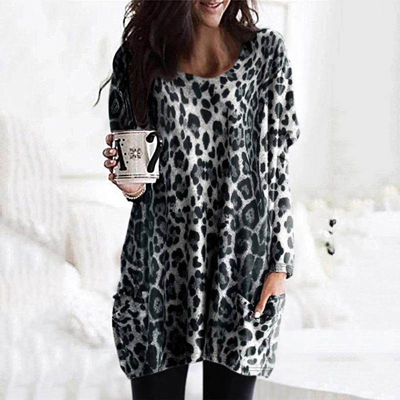 women s leopard print long-sleeved casual loose T-shirt NSKX5779