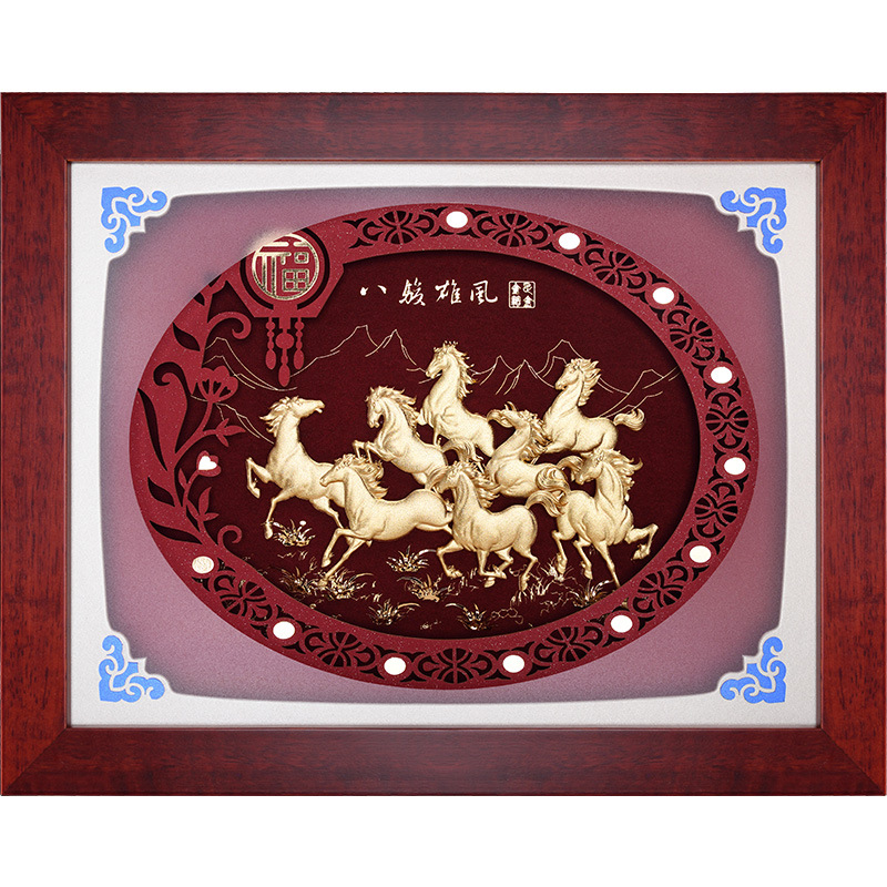厂家直销金箔画 八骏雄风银行礼品中式装饰画摆件挂画金箔画 批发