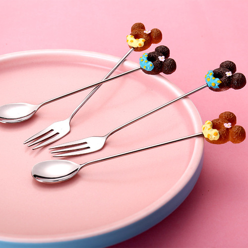 304不锈钢儿童水果勺卡通餐具甜心叉喝粥勺可爱萌趣树脂勺子2件套