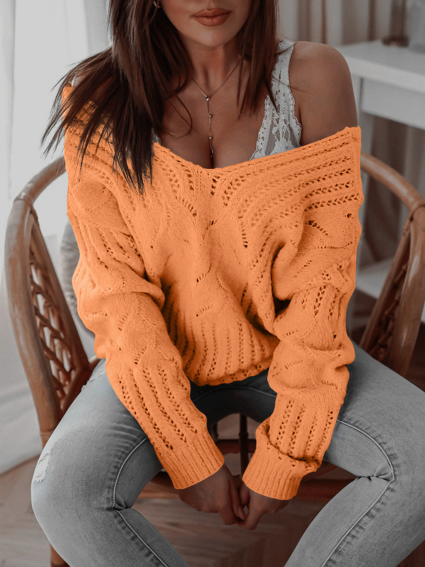 Solid Color V-Neck Double-Sided Off-Shoulder Sweater NSJXW106468