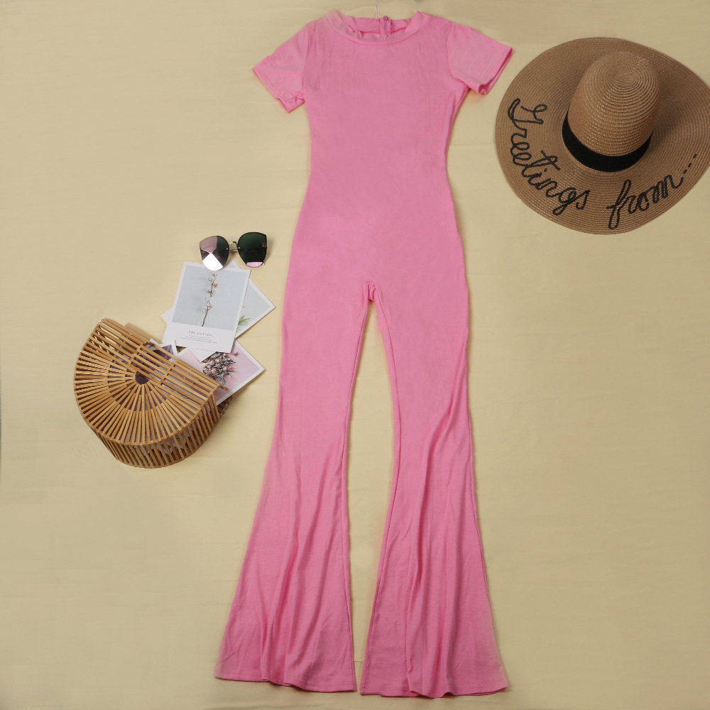 Round Neck Short-Sleeved Flared Pants Jumpsuit NSWNY74461