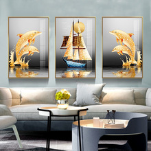 現代晶瓷畫客廳裝飾畫沙發背景牆抽象三聯畫創意銀杏葉子掛畫