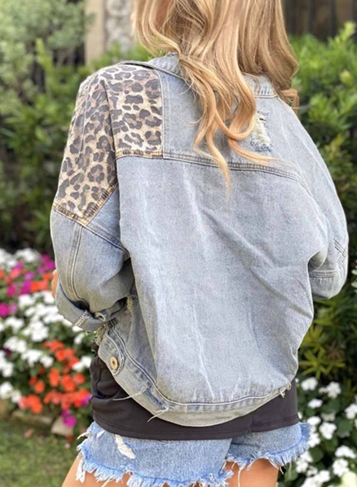 short denim jacket autumn and winter new style long-sleeved leopard stitching casual ladies jacket  NSSI2799