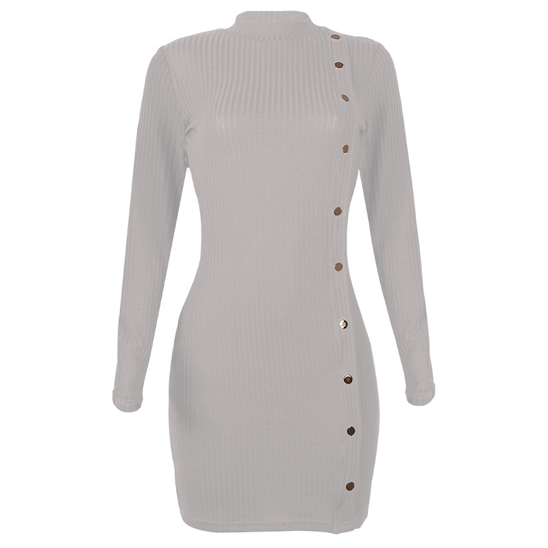 women's solid color sexy slim single-breasted long-sleeved dress NSKX5936