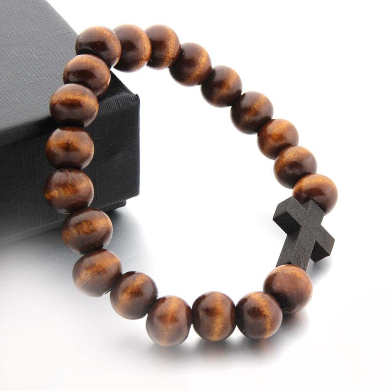 Etsy handmade round wooden beads bracelet brown wood bracelet cross bracelet wooden pendant bracelet in stock