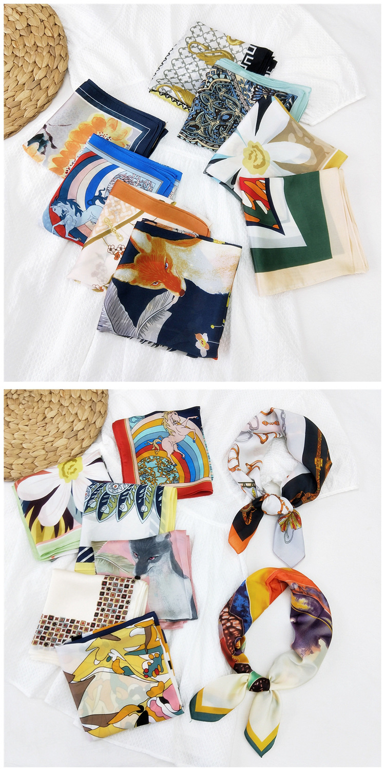 60g Weight Silk Scarf Classification Travel Occasion Silk Material Unisex Gender Printing Design Sweet Style Khaki, Grey, Red, Green, Blue, Yellow, Black Color 70 Small Square Scarf Silk Scarf Women Summer Neck Scarf Neck Protector Korean Thin Scarf 无