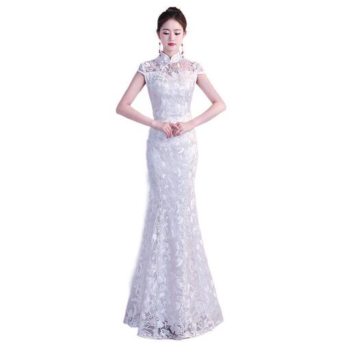 Royal blue white lace retro Chinese Dresses for women girls cheongsam dress qipao miss etiquette mermaid dress female young girl shows Chinese evening dress long 