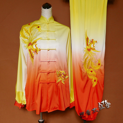 Tai chi clothing chinese kung fu uniforms Taifu training suit shawl shawl yellow orange gradual change dragon and Phoenix embroidery men and women dance sword Qigong performance gauze clothes