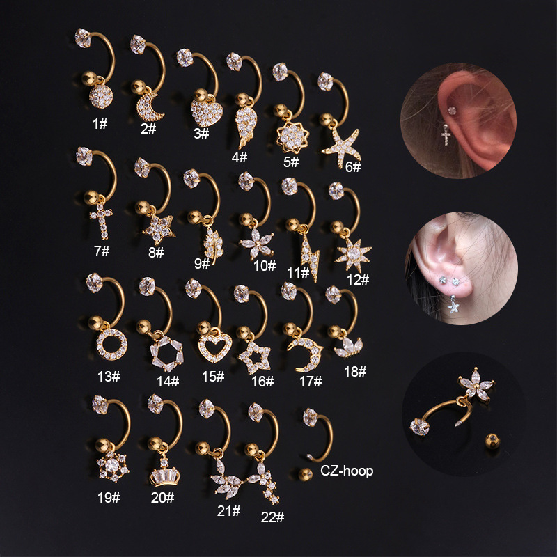 Ear Cartilage Rings & Studs Geometric 316 Stainless Steel  Copper Inlaid Zircon display picture 22