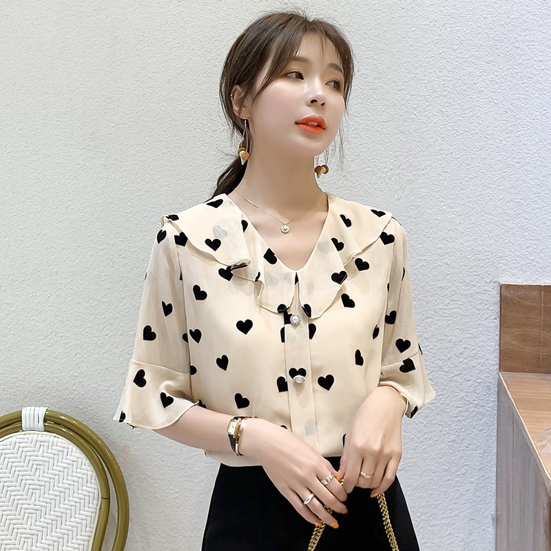 歐洲站雪紡襯衫短袖女裝夏裝2020新款寬松遮肚子小衫時尚洋氣上衣