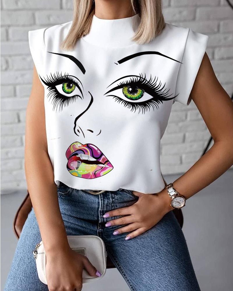 Mujeres Blusa Manga Corta Camisetas Impresión Labor De Retazos Moda Cara Humana display picture 7