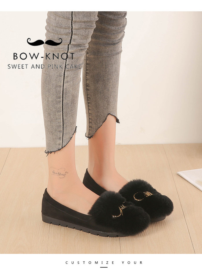 Giày lười nữ lông thỏ có nơ, lót lông ấm, đế thấp 1–3 cm — Màu xám, Màu đen chi tiết 16