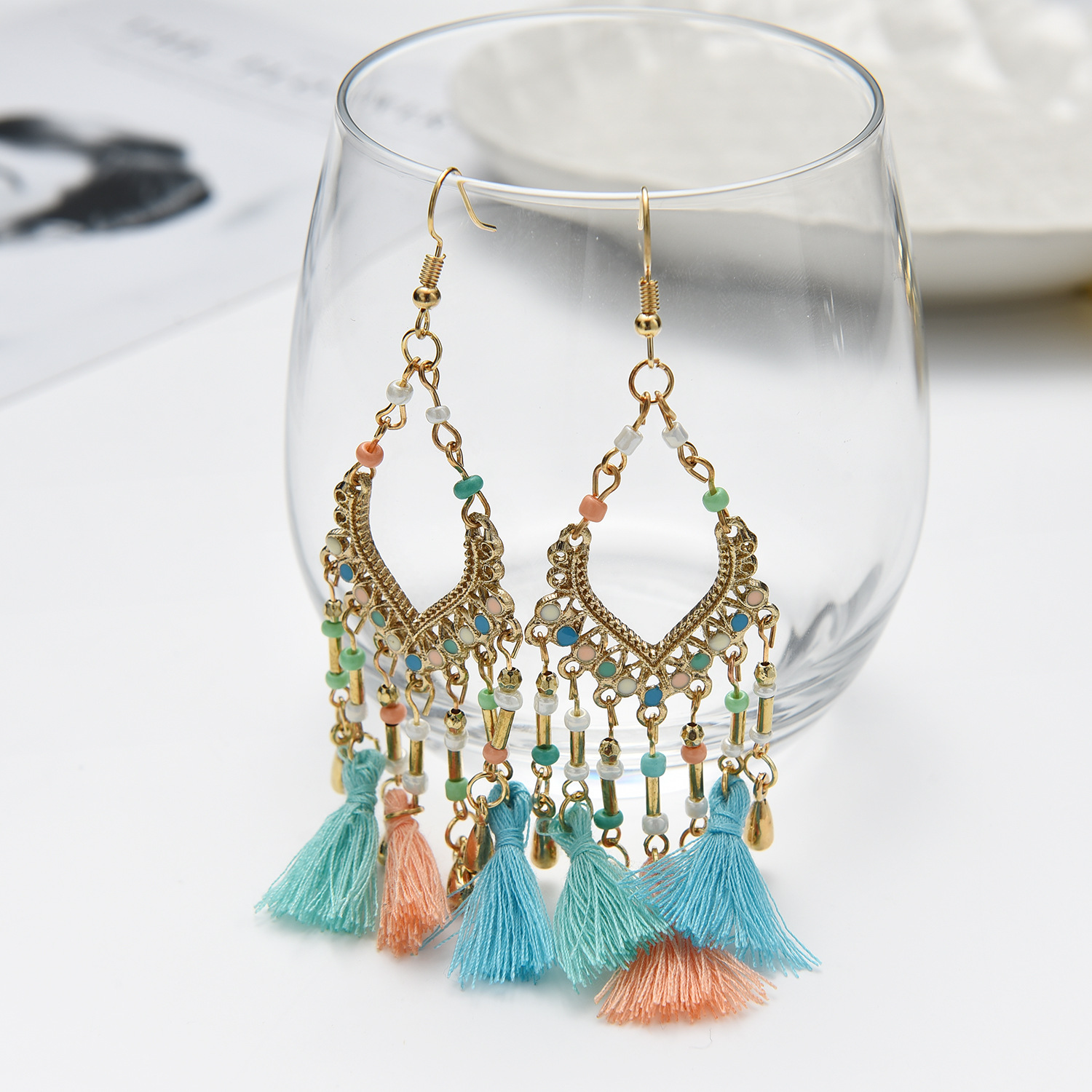 FanShaped Ethnic Style Tassel Long Earrings Bohemian Accessories
