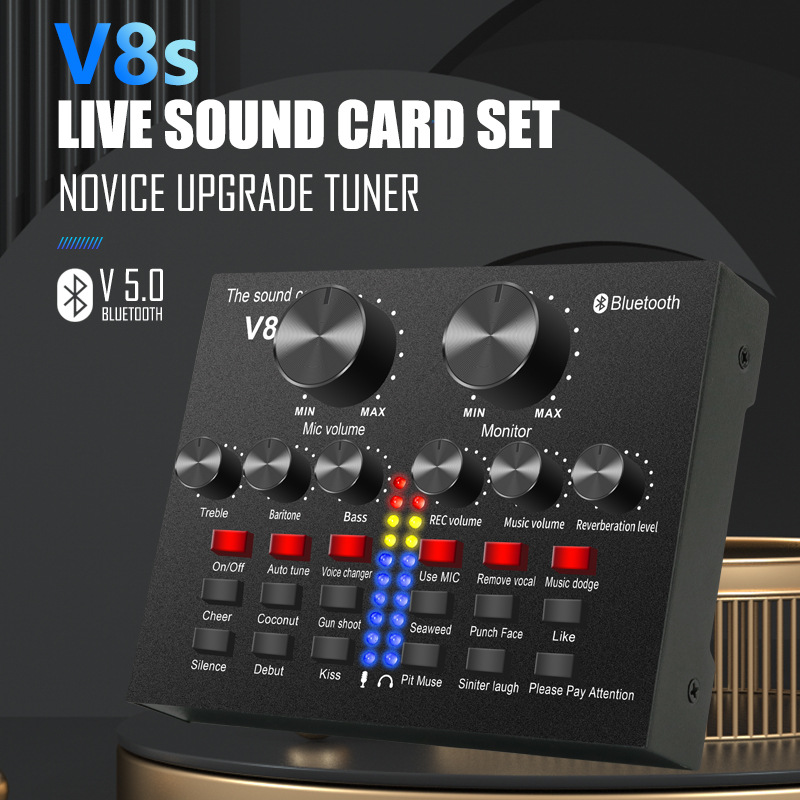 V8S英文跨境外声卡无线蓝牙外置声卡直播唱歌设备 手机电脑通用