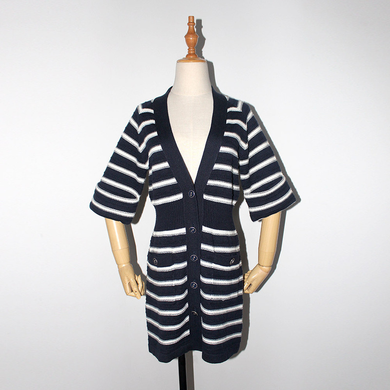 Spot Liu Yao Chen's Same Style Navy Stripesd Bell Sleeve Wool Knitwear Cardigan Dress