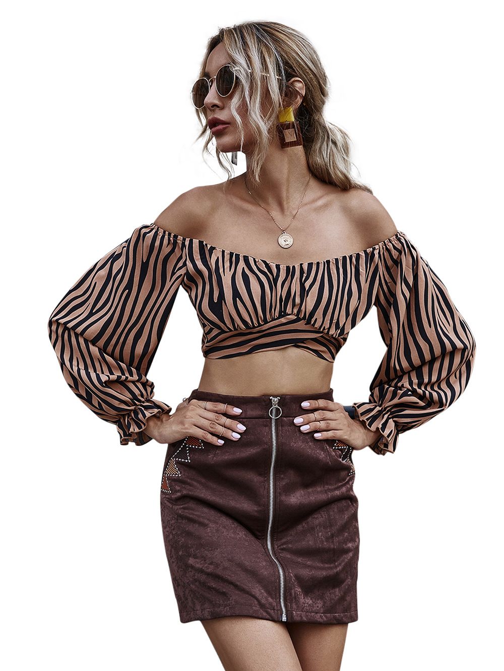 Tiger print ruffled elastic long-sleeved high-waisted cross-waisted short shoulder top wholesale NHDF21