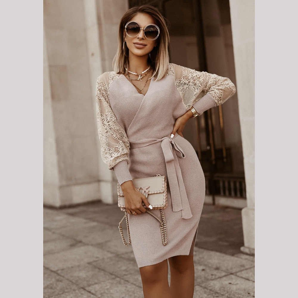 women s Lace knitted long-sleeved slimming woolen dress nihaostyles clothing wholesale NSHYG72260