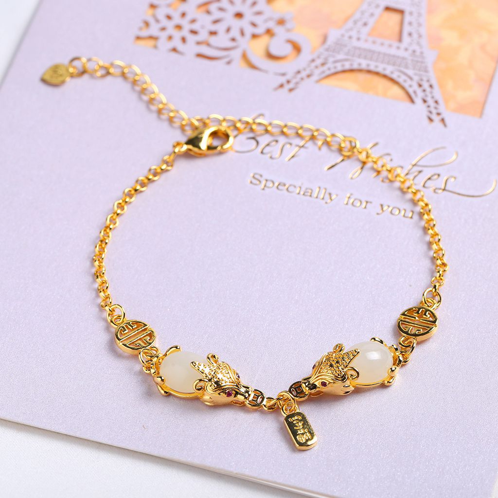 金鑲玉貔貅手鏈古法銀925和田玉貔貅時尚直播熱賣貔貅手鏈