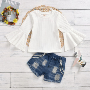 Knitted flared sleeve top denim pierced nail chain drill shorts suit