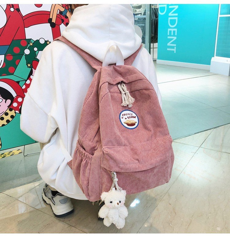 New Fashion Retro Casual Corduroy Student Backpack Cute Cute Bear Bear Campus Bag display picture 4