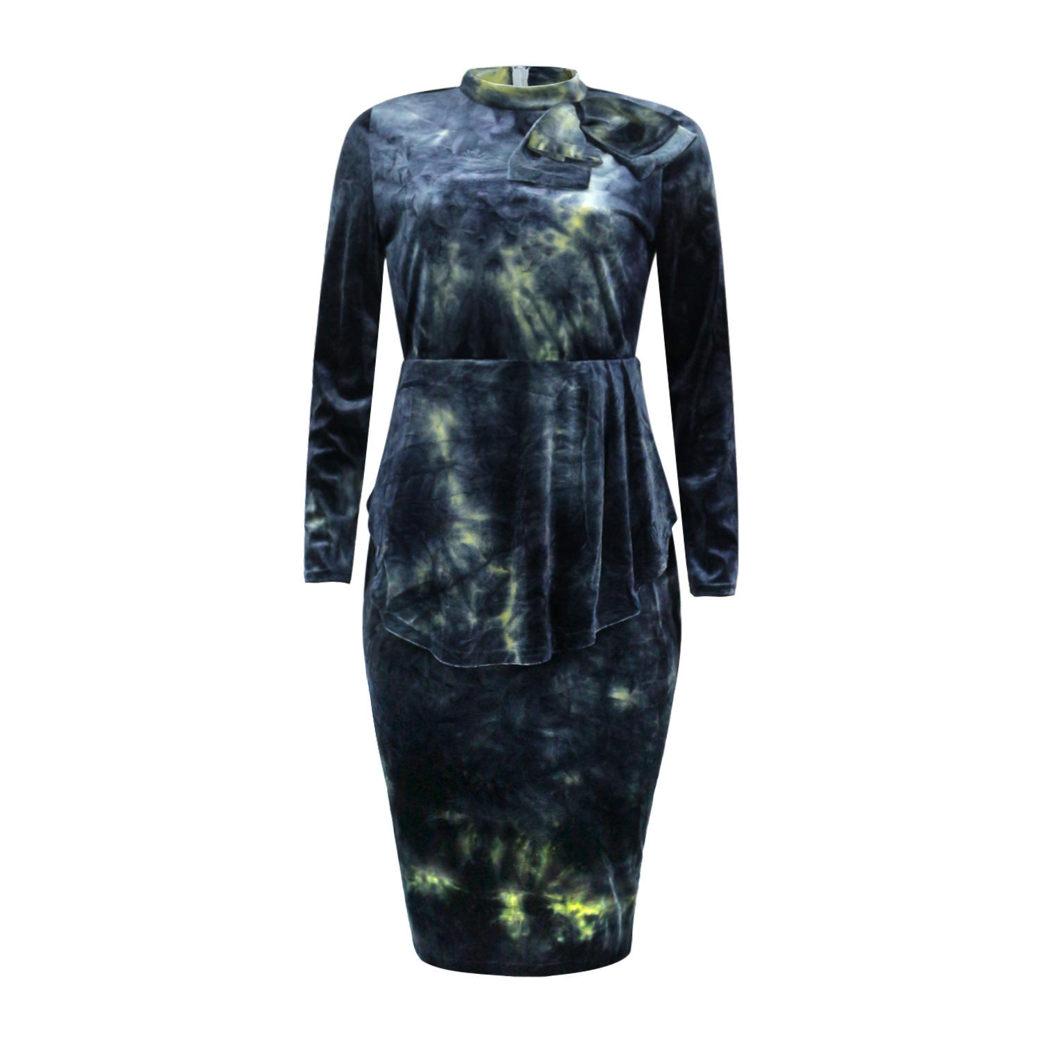 autumn plus size long-sleeved tie-dye printing bowknot dress nihaostyles wholesale clothing NSBMF91101