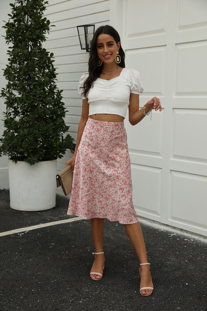 wholesale autumn cashew satin print A-line skirt NSAM3846