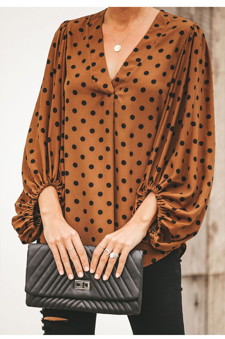 women's autumn new wave point casual lantern sleeve long sleeve v-neck top NSSI2322