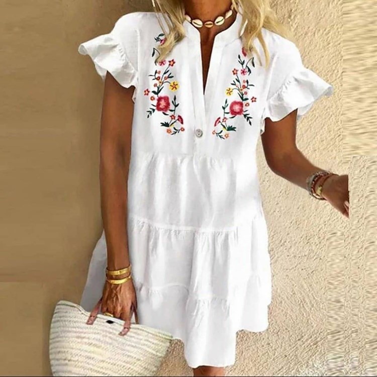 printed tassel V-neck short loose dress NSFH130992