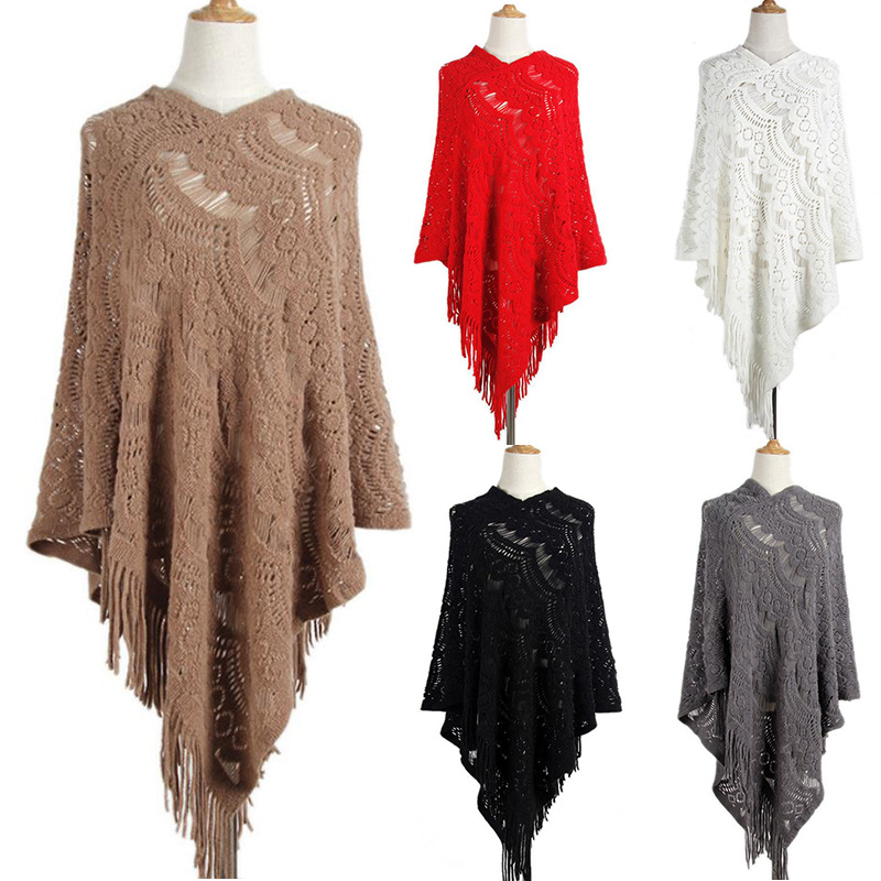 Mid-length crochet patterned hollowed-out irregular fringe pullover sweater women's cape cape sweater_voghion.com