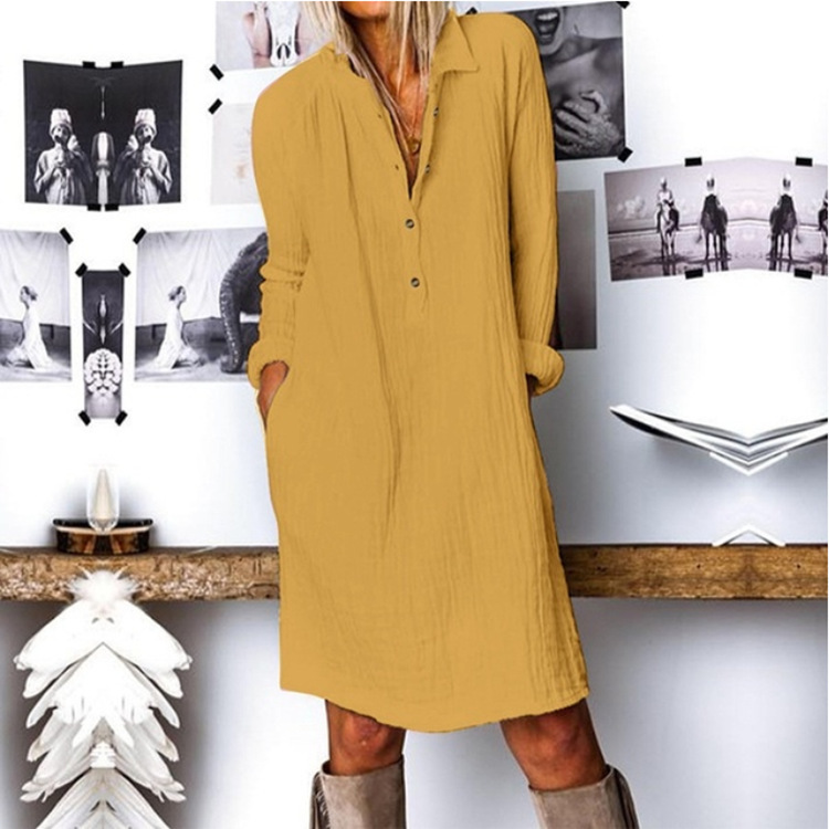 autumn new women s solid color cotton and linen long sleeve dresses NSYF835