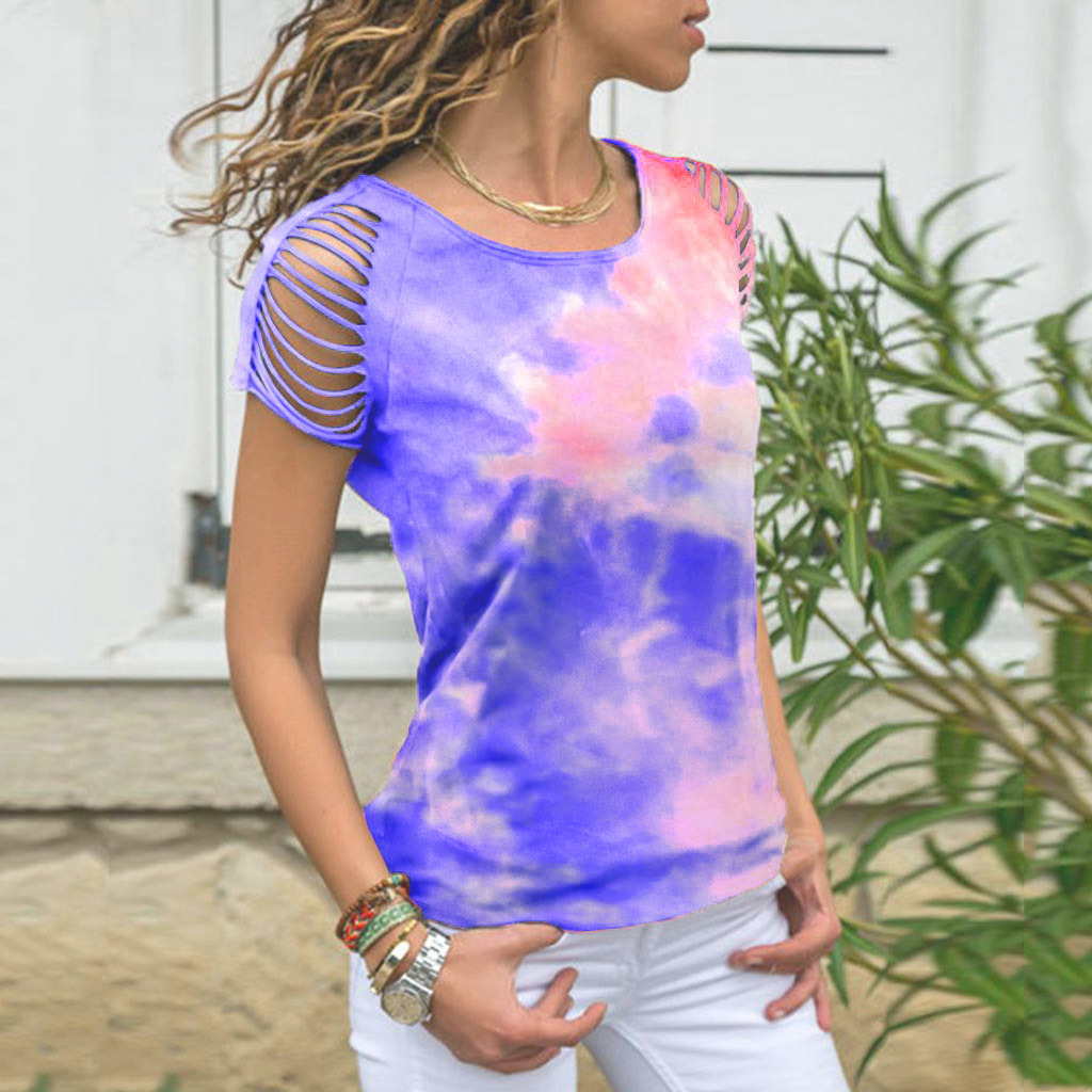 Tie-Dye Hollow Burned Flower Strapless Short-Sleeved T-Shirt NSYHY107472